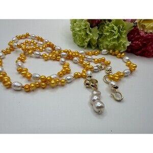 Long Yellow Freshwater Pearl Necklace, Removable Baroque Pendant, Gold Plated